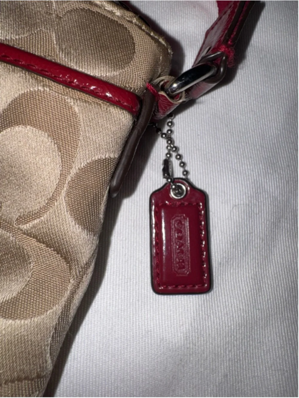 Coach Signature File Bag Crossbody Khaki Red Patent Trim Y2K Mini Messenger